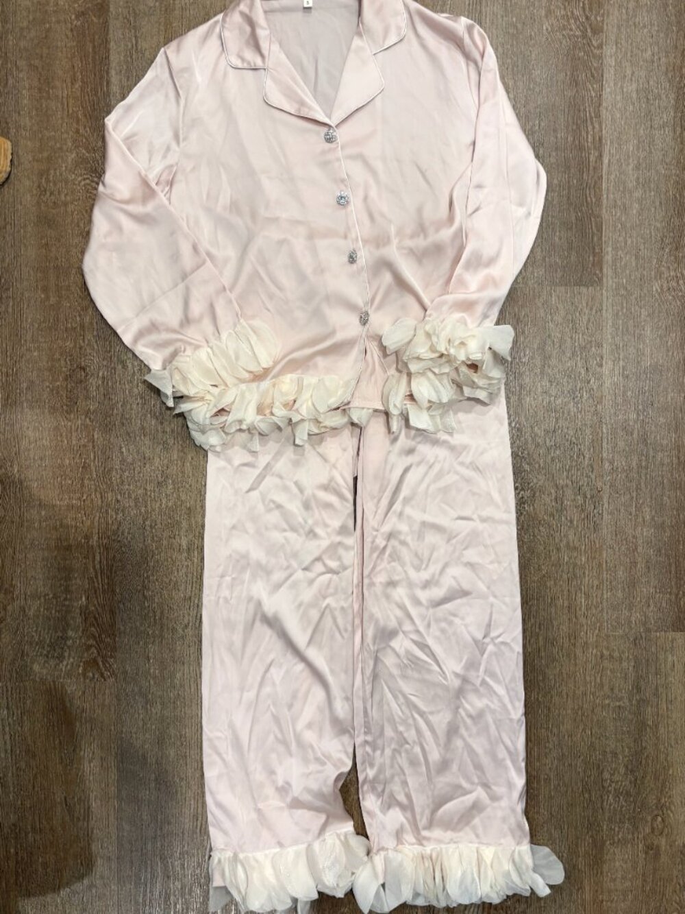 Pink Satin Ruffle Long Sleeve & Pant Pajama Set Size Small